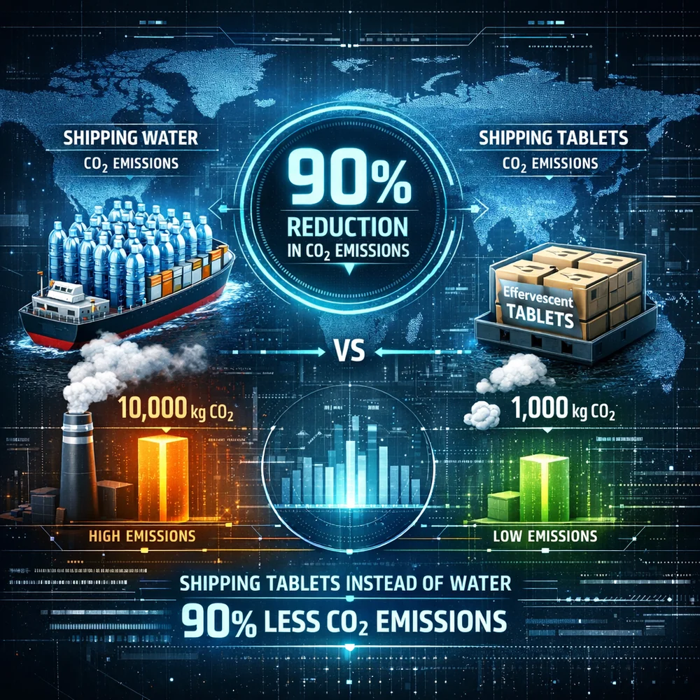 Visual infographic showing the 90% carbon emission reduction when shipping tablets instead of water. Artistic data visualization, high-tech interface, global map background.