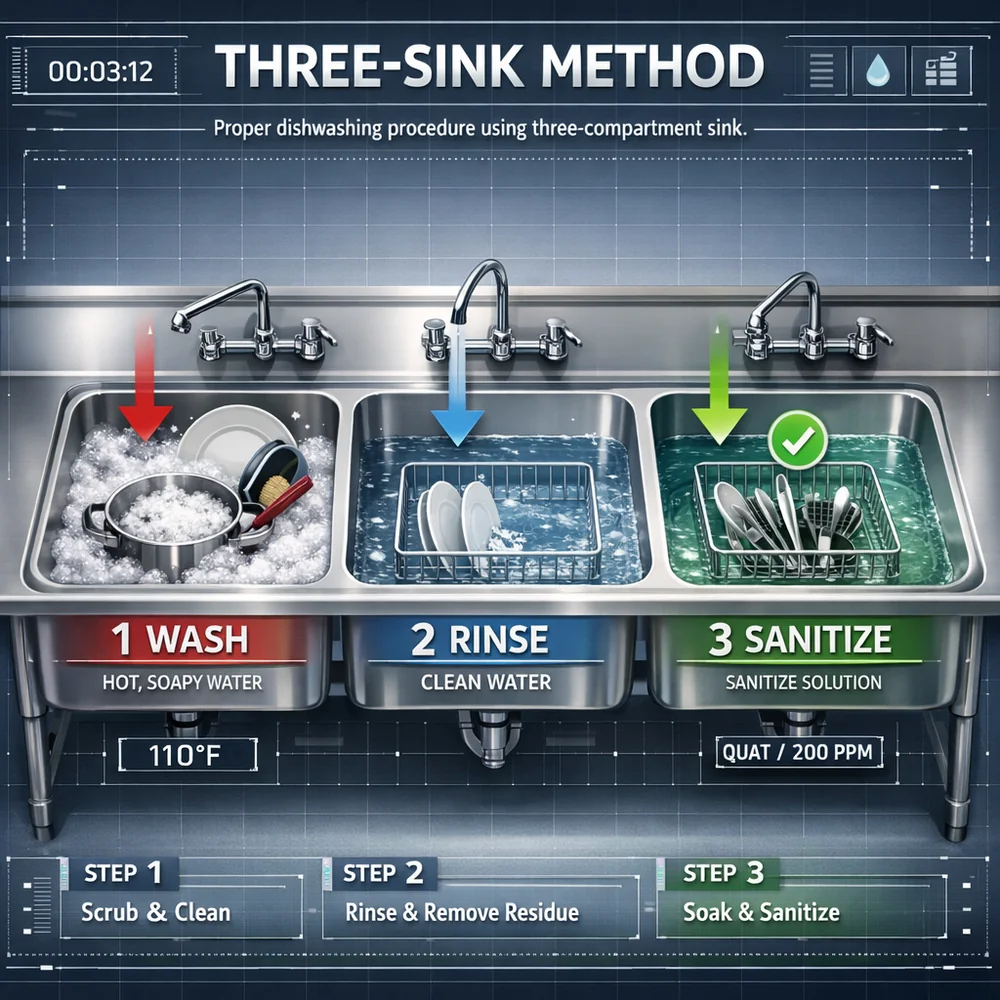 Classic 3D diagram of the three-sink method: Wash basin (soapy), Rinse basin (clear), and Sanitize basin (slight chemical tint). Technical interface overlay, clinical aesthetic.