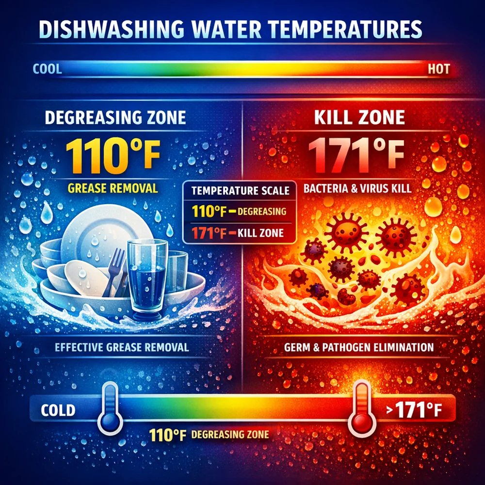 Thermal imaging visualization of dishwashing water temperatures, highlighting the 110 F 'degreasing' zone versus the 171 F 'kill zone'. Data-driven aesthetic, vibrant colors.