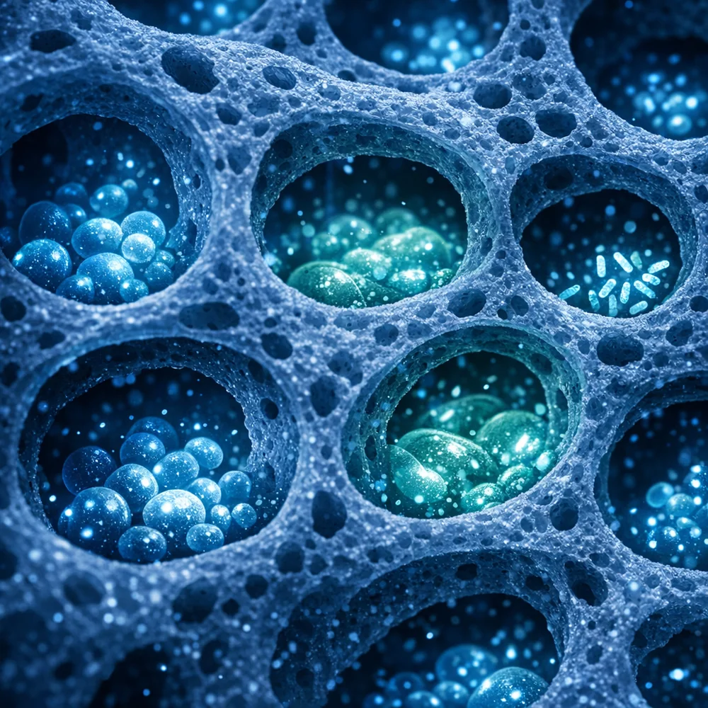 Microscopic view of a kitchen sponge's porous structure filled with glowing biological colonies. High-tech medical animation style, clinical dark blue lighting.