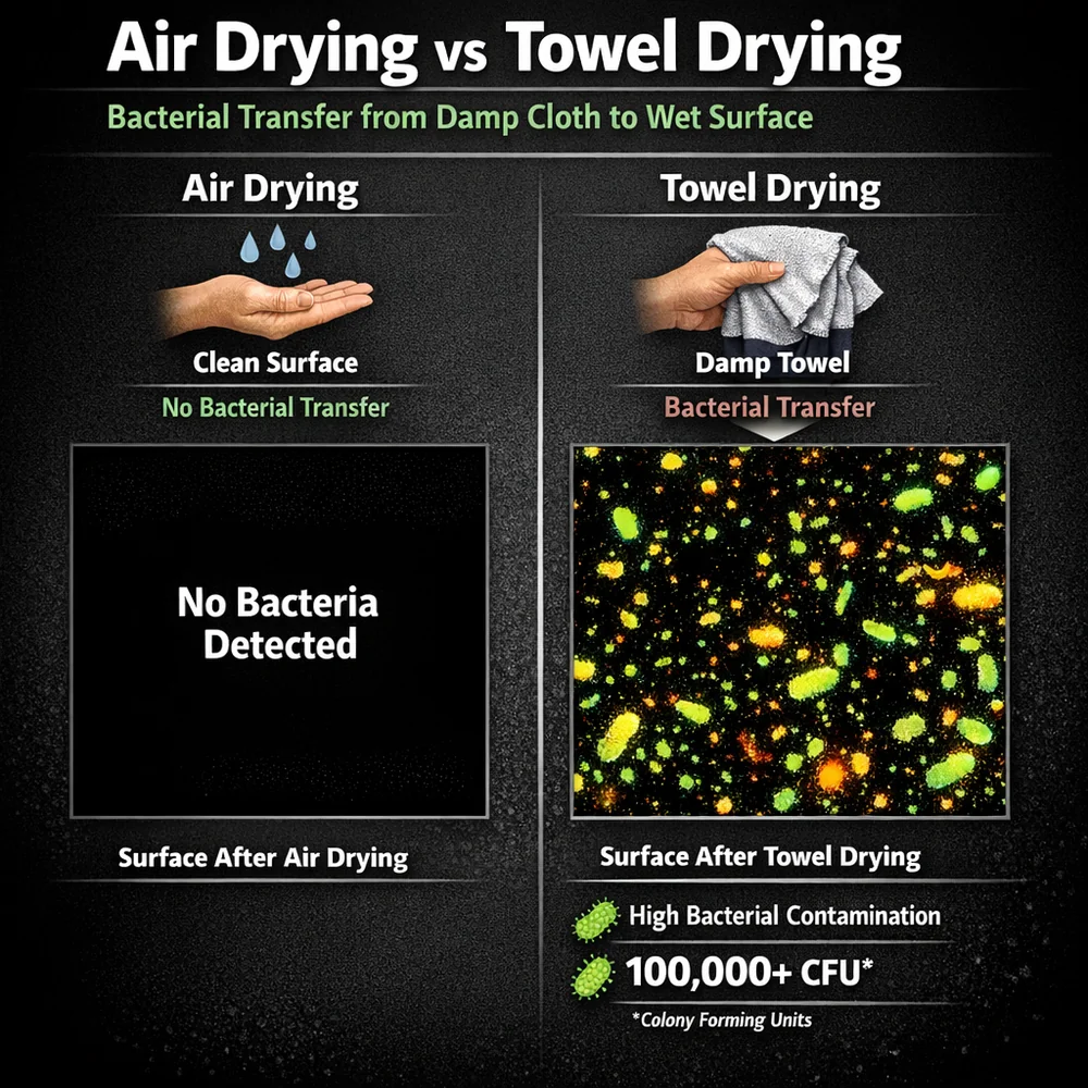 Scientific comparison of air drying vs towel drying: visualizing the bacterial transfer from a damp cloth to a wet surface. High-contrast data overlay, 8k.