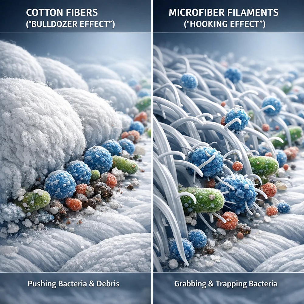 Side-by-side comparison of cotton fibers (bulldozer effect) and microfiber filaments (hooking effect) removing bacteria. High-tech scientific rendering, clinical lighting, 8k.