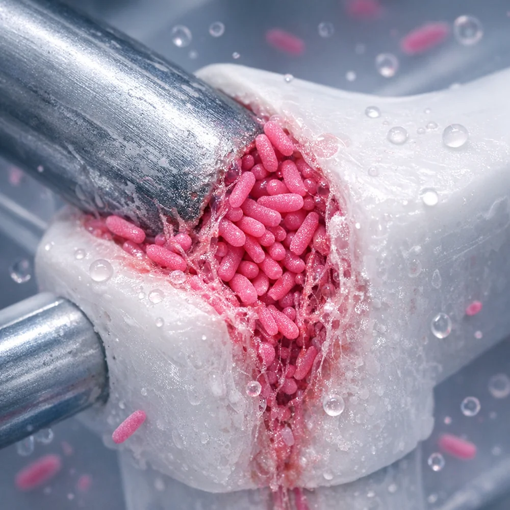 Microscopic view of *Serratia marcescens* (pink mold) accumulating in the joints of a drying rack. Dynamic biological visualization, vibrant pink contrast, clinical aesthetic.