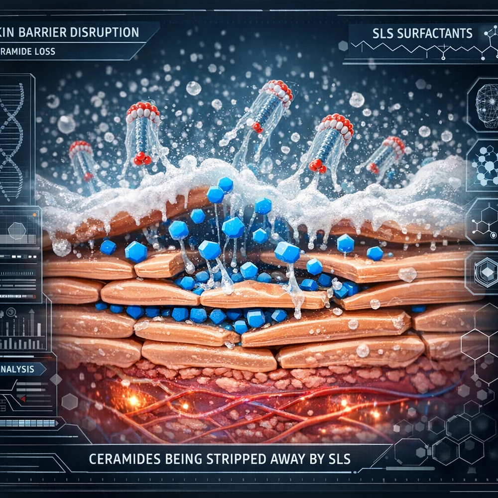 3D visualization of the skin barrier (stratum corneum) with ceramides being stripped away by SLS surfactants. Medical animation style, high-tech interface overlay.