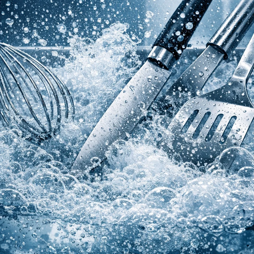 Action shot of a 10% bleach sanitization bath for kitchen tools. Visible bubbles and chemical interaction. High-speed scientific photography, clinical blue aesthetic.