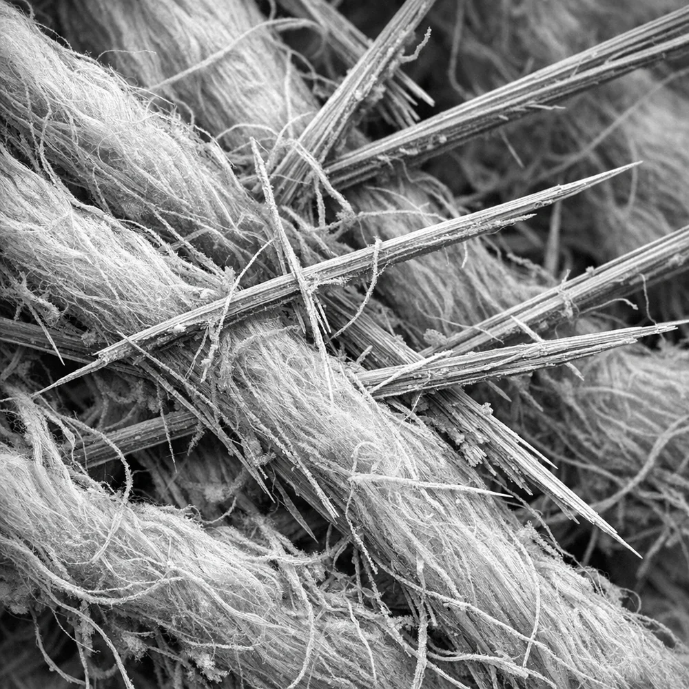 Microscopic view of 'Asbestos Fibers' (Chrysotile) entangled with cotton fibers. Shows the needle-like crystalline structure of the asbestos. Scientific monochrome aesthetic, sharp detail, 8k resolution, cautionary tone.