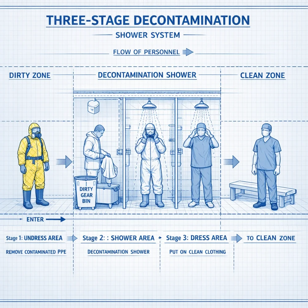 Technical diagram of a 'Three-Stage Decontamination' shower system for laundry workers. Shows the transit from the high-contamination 'Dirty' zone to 'Clean' zone. Engineering blueprint, 3D people icons in PPE, clinical aesthetic.