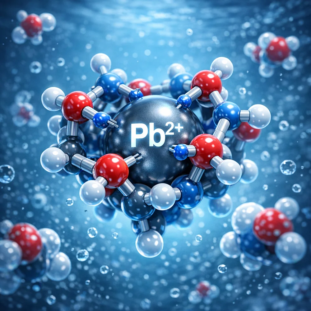 Molecular visualization of 'Chelating Agents' (EDTA) binding to a Lead (Pb2+) ion in wash water. Shows the lead ion trapped in the center of the chelator claw. High-tech medical animation style, clinical blue lighting.