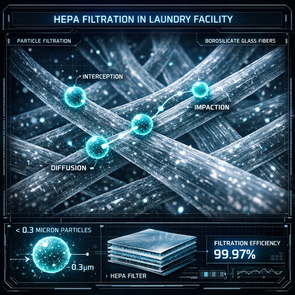 Scientific visualization of 'HEPA Filtration' in a laundry facility. Shows a microscopic view of 0.3-micron particles being intercepted by borosilicate glass fibers. High-tech engineering schematic, glowing dust particles, 8k.