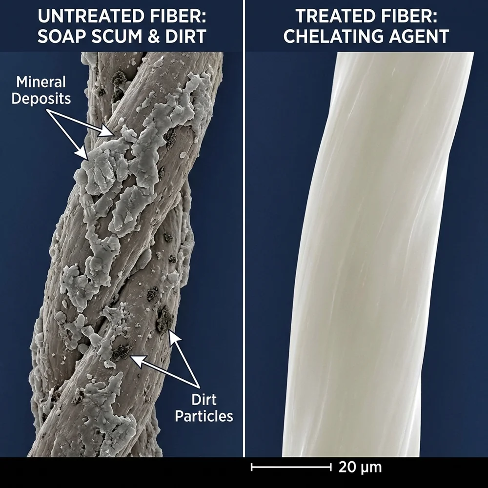 Scanning electron microscopy (SEM) of cotton fibers showing a dense, waxy coating of 'soap scum' (calcium stearate). The fibers appear stuck together and rigid. Monochrome scientific aesthetic, high resolution, clinical focus, 8k.