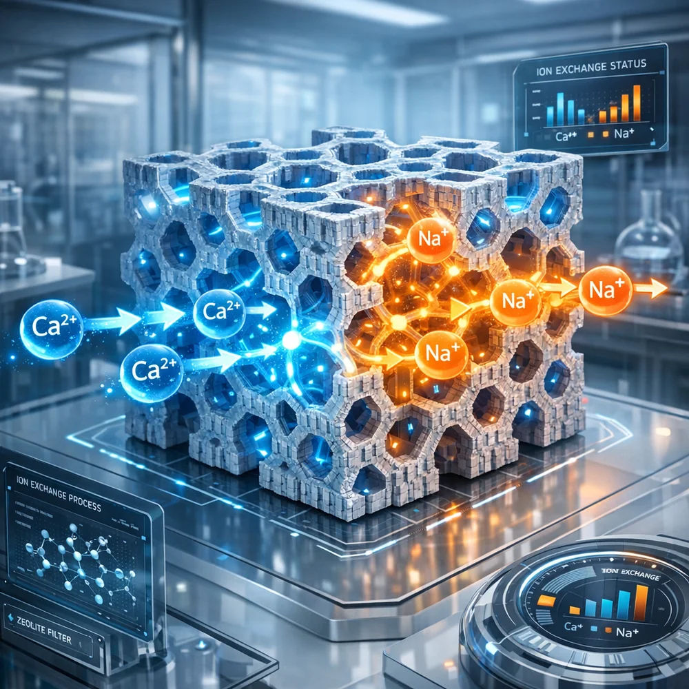 3D visualization of a Zeolite crystal structure acting as an ion-exchange filter. Calcium ions (Ca2+) are seen entering the porous structure and being replaced by Sodium ions (Na+). Glowing ionic pathways, high-tech interface, clean lab aesthetic, 4k.