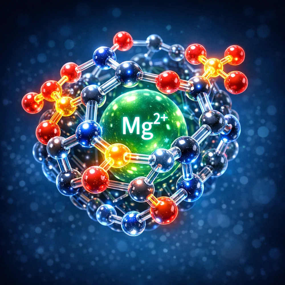 Molecular representation of a polyphosphate chelator molecule 'wrapping' around a magnesium ion. Visual representation of sequestration. High-tech medical animation style, dark blue background, glowing chemical bonds, photorealistic, 4k.