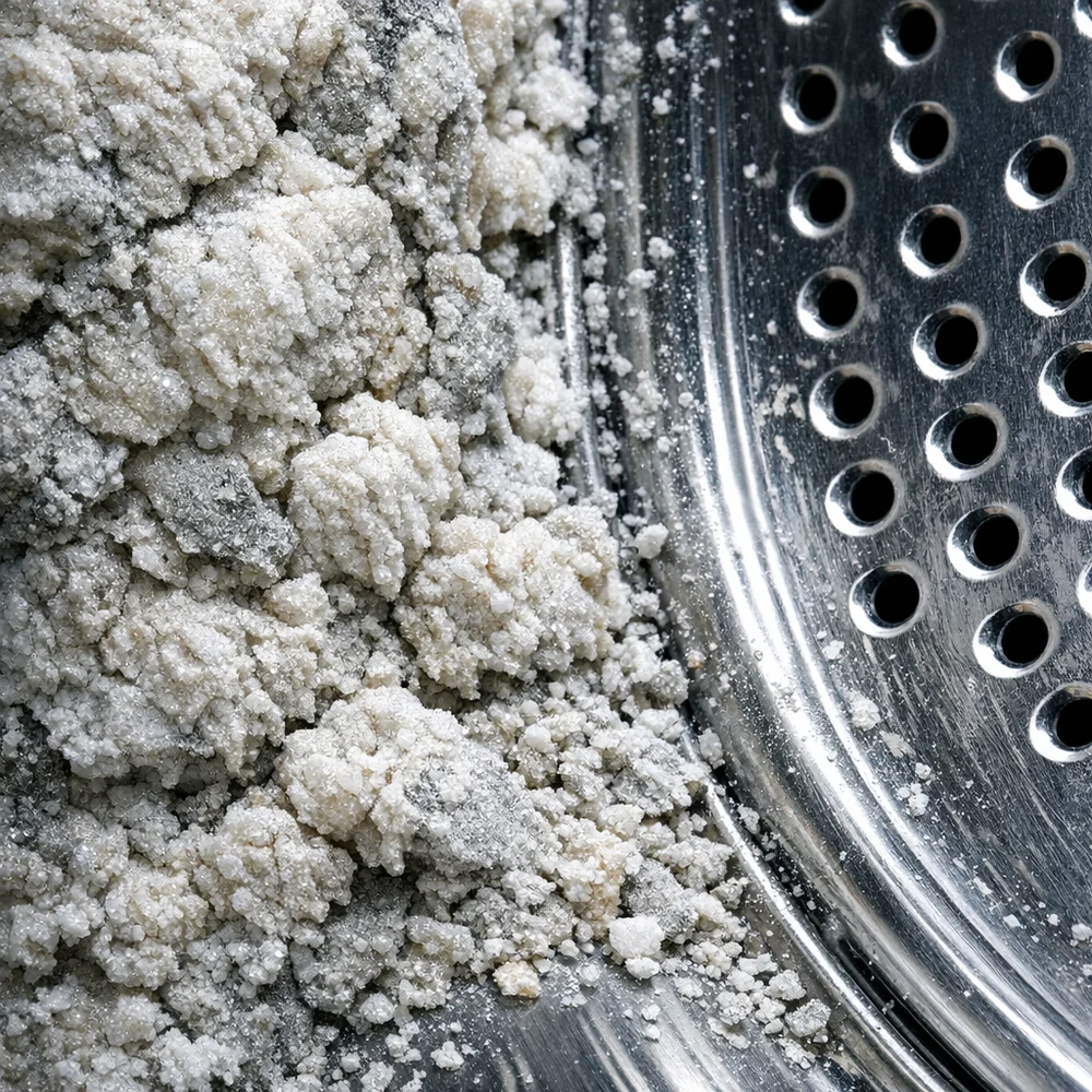 Macro photograph of heavy mineral scale (Calcium Carbonate) buildup on a washing machine's internal drum surface. Textured, rock-like deposits against stainless steel. Professional clinical lighting, high-contrast, 8k, scientific detail.