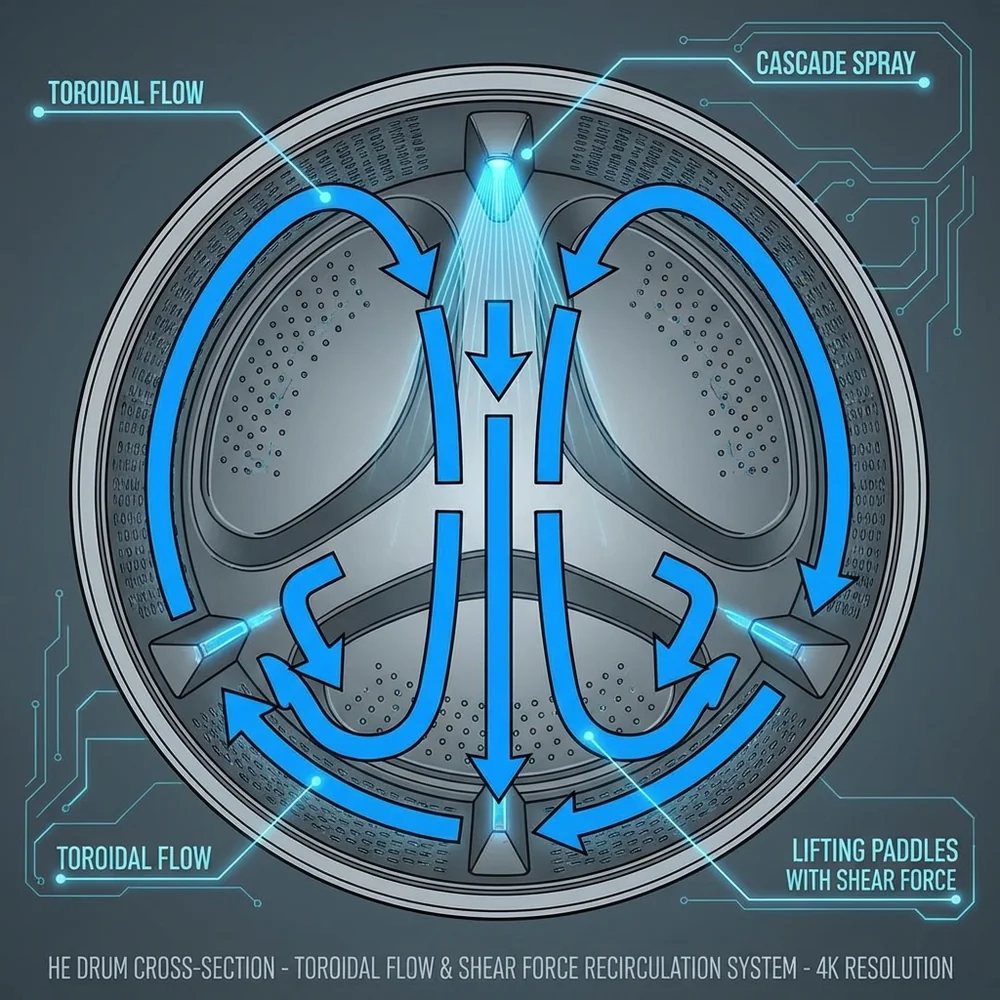 Engineering schematic of a high-efficiency (HE) front-loading washer. Cross-section view showing the cascade flow of recirculating water from the top spray nozzle onto the laundry load. Blue-tinted technical drawing, labels for gravity and centrifugal force, high-tech interface aesthetic.