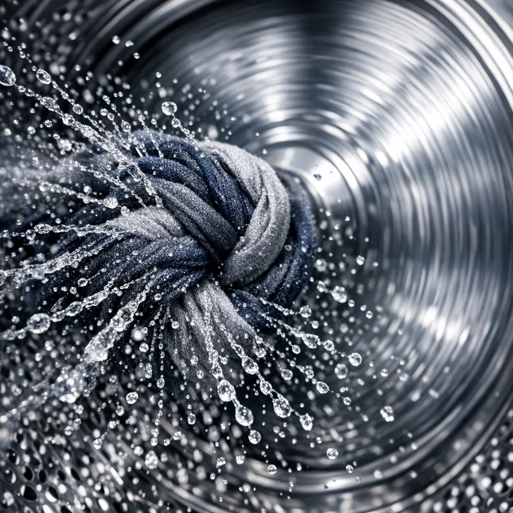 High-speed photography of a washing machine drum spinning at 1,400 RPM. Water is seen being forced out of the fabric fibers by centrifugal force. Sharp focus on droplets, motion blur of the drum, high-tech scientific visualization, professional lighting.