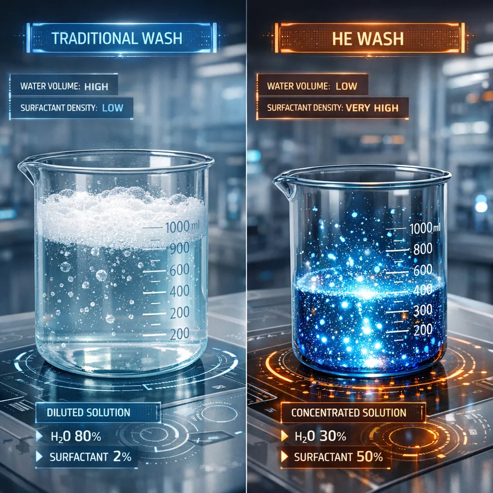 Visual comparison of detergent concentration: a traditional wash beaker with high water volume and low surfactant density versus an HE wash beaker with low water volume and extremely high surfactant density (glowing particles). High-tech data overlay, clean lab style.