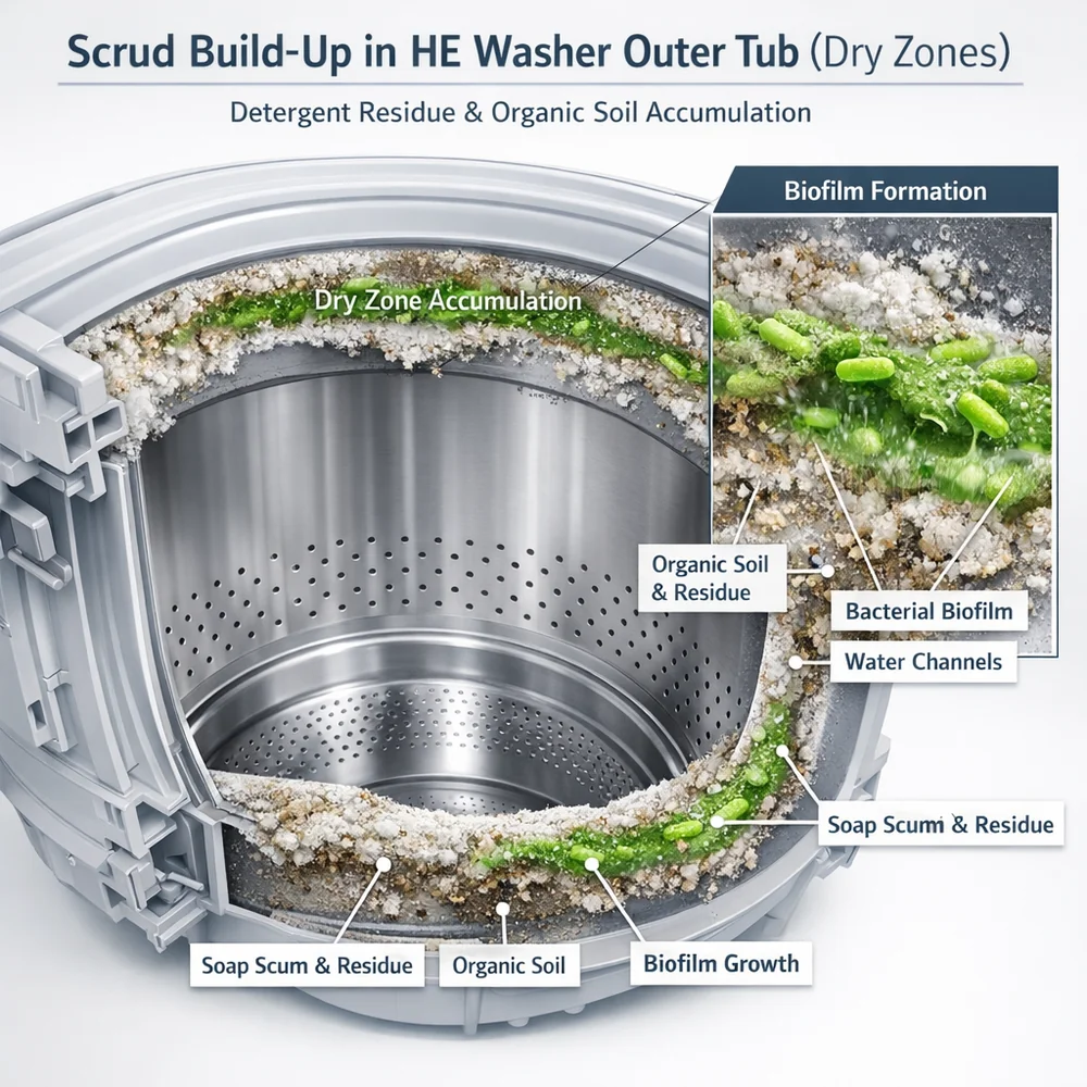 Scientific 3D model of 'scrud' (detergent residue and organic soil) accumulating in the 'dry zones' of an HE washer's outer tub. Biofilm formation is shown in green highlight. Professional engineering focus, 8k resolution, clinical sterile aesthetic.