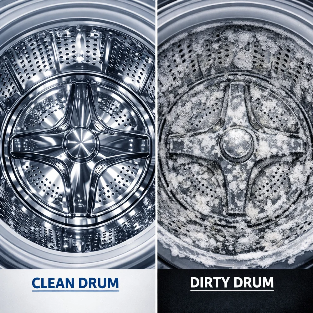 Side-by-side comparison of a clean washing machine drum vs one coated in grey/white soap scum residue. Technical diagnostic aesthetic, clinical lighting, high-contrast.