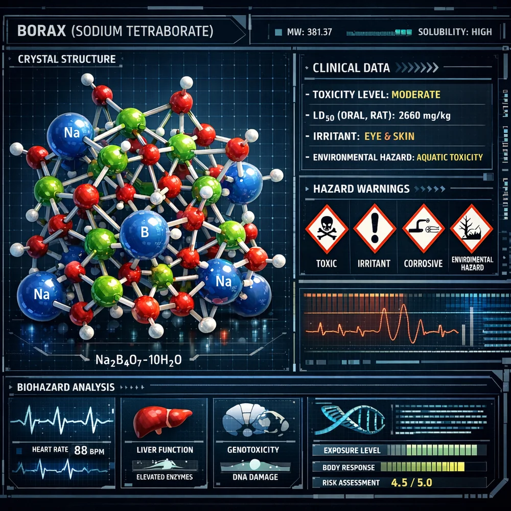 Molecular visualization of Borax (Sodium tetraborate) showing its 3D crystal structure. Clinical data overlay with safety hazard markers. Technical interface design.