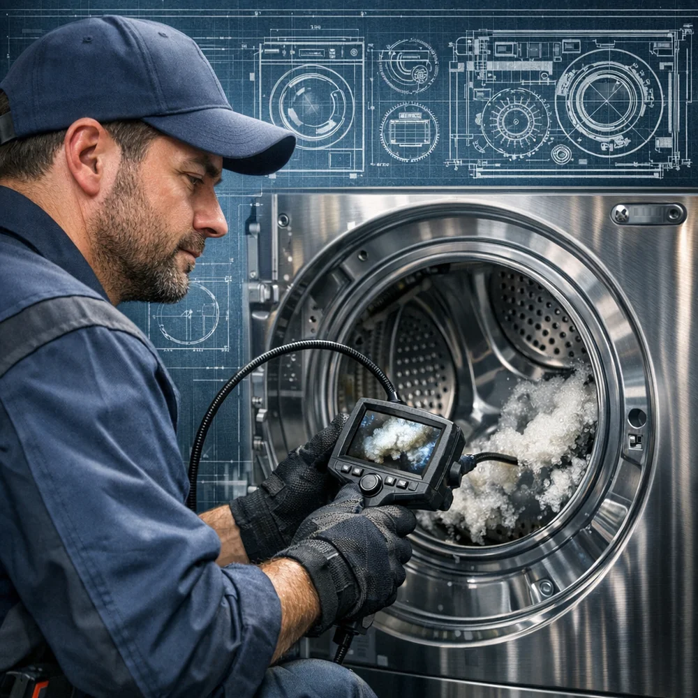 A professional service technician using a borescope to inspect soap buildup deep inside an HE washing machine. Engineering blueprint background, industrial aesthetic.