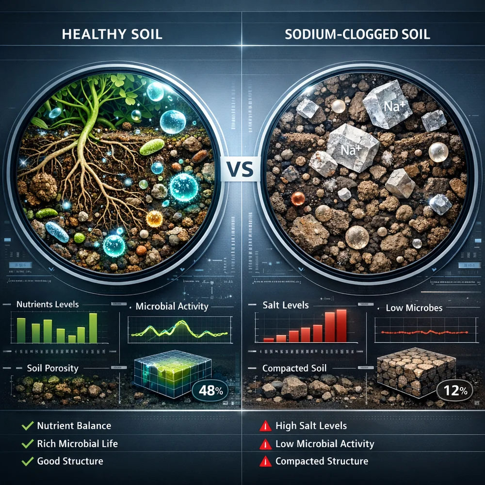 Scientific comparison of healthy soil vs sodium-clogged soil under a microscope. High-tech biological rendering, clinical lighting, data-driven visualization.