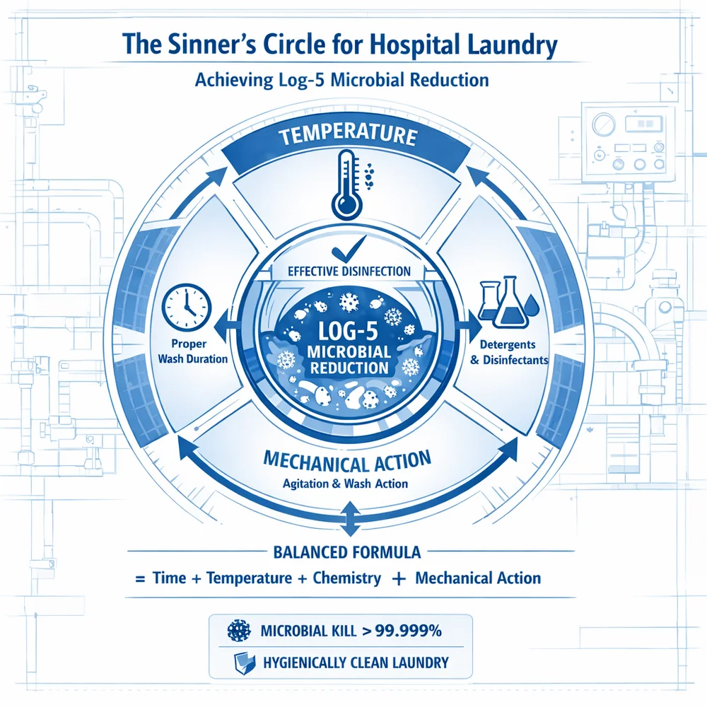 Technical diagram of 'The Sinner's Circle' adapted for hospital laundry. shows the balance of Time, Temperature, Chemistry, and Mechanical Action required to achieve log-5 microbial reduction. Engineering schematic, clinical blue and white.