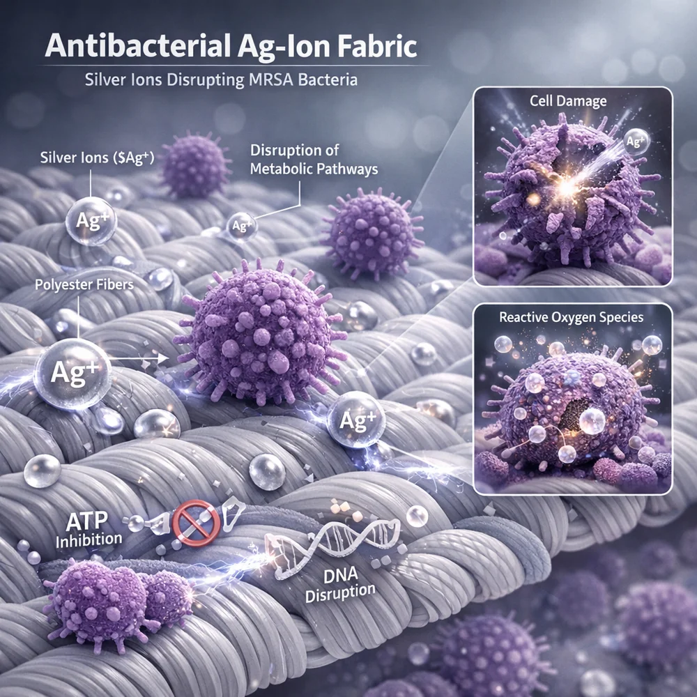 Scientific 3D model of 'Antibacterial Ag-Ion Fabric'. Shows silver ions ($Ag^+$) embedded in polyester fibers disrupting the metabolic pathways of MRSA bacteria. High-tech medical visualization, clinical grey and purple hues.