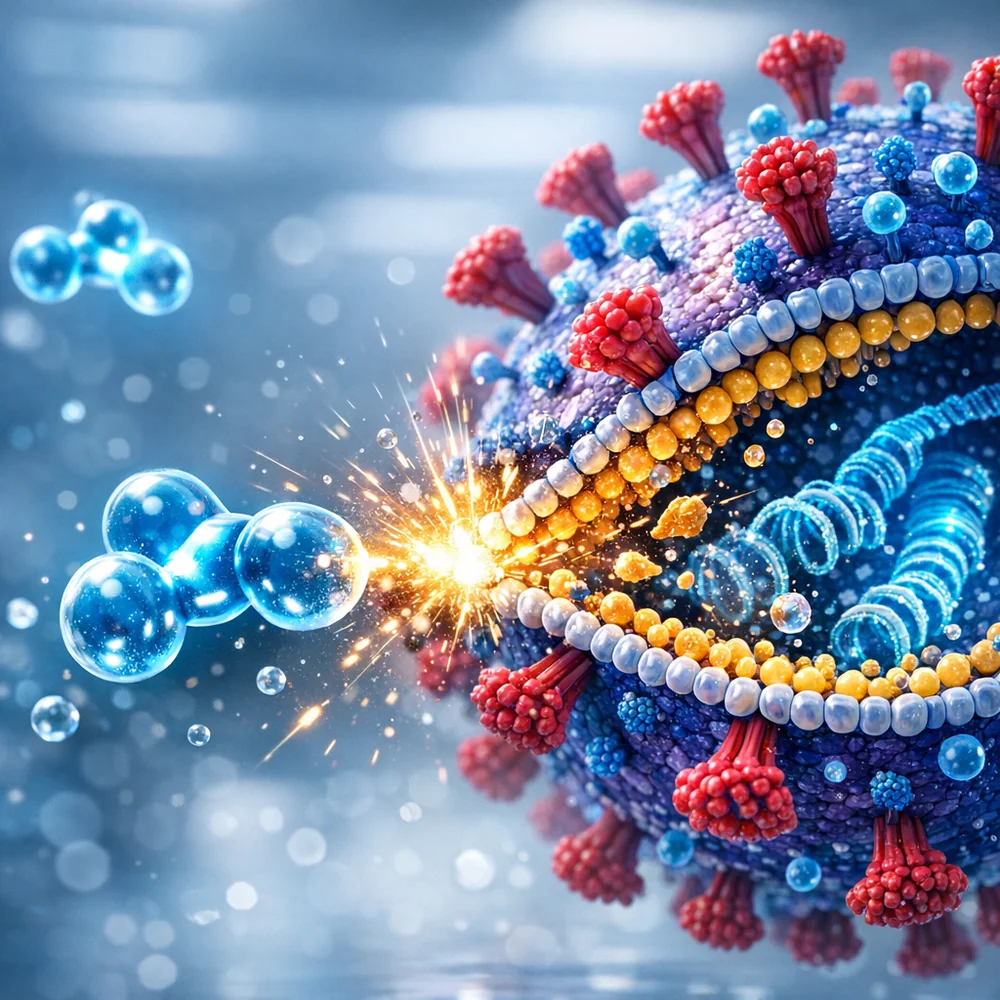 Molecular representation of 'Ozone Sanitization' (O3) attacking the viral envelope of Influenza. Shows the oxygen atom breaking the lipid layer. High-tech medical animation style, glowing oxidative particles, clean lab aesthetic.