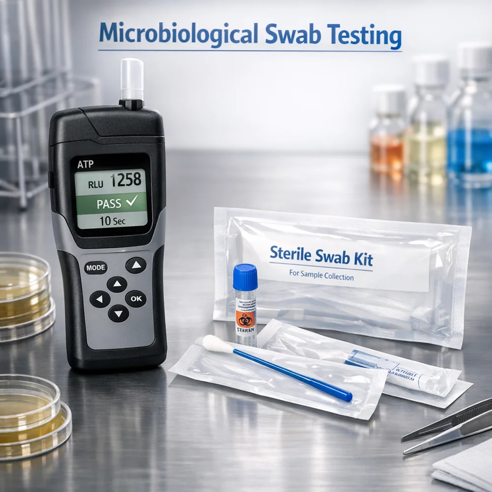 Professional setup of 'Microbiological Swab Testing' on a clean sheet. Features an ATP bioluminescence meter and a sterile swab kit on a stainless steel bench. High-tech medical photography, professional lighting, photorealistic.