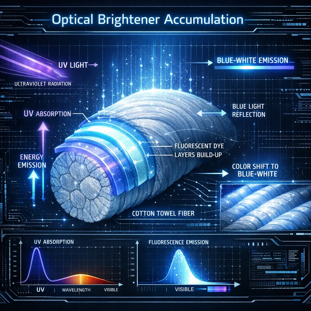 Scientific visualization of 'Optical Brightener Accumulation'. Shows multiple layers of fluorescent dyes on a cotton towel fiber, shifting its color toward the blue/white spectrum under UV light. High-tech engineering schematic, glowing blue paths.