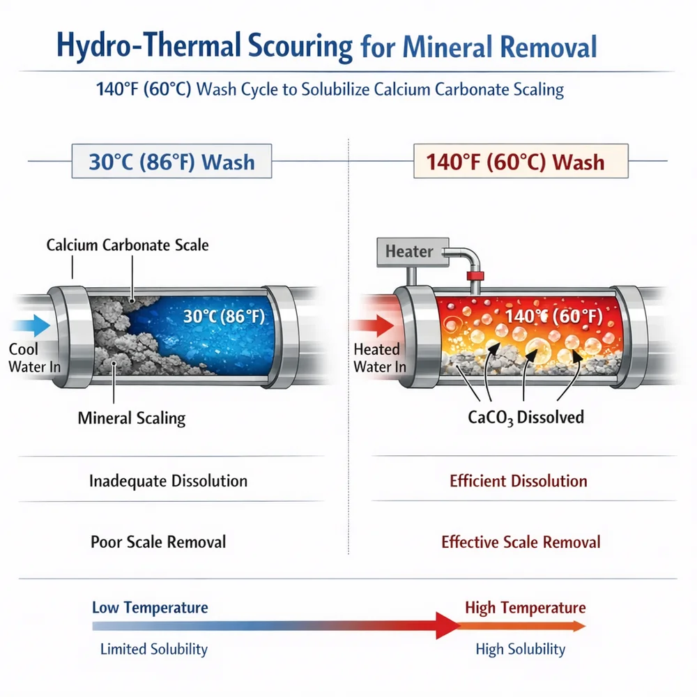 Technical diagram of 'Hydro-thermal Scouring' for mineral removal. shows how a 140F (60C) wash cycle effectively solubilizes grey calcium carbonate scaling compared to 30C. Engineering schematic, thermal heat maps, clinical white background.