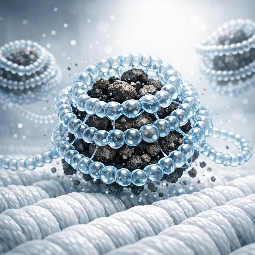 Molecular visualization of 'Polyacrylate Anti-Redeposition Agents' wrapping around dirt particles to prevent them from settling back onto white towels. High-tech medical animation style, clinical grey and blue, 4k.
