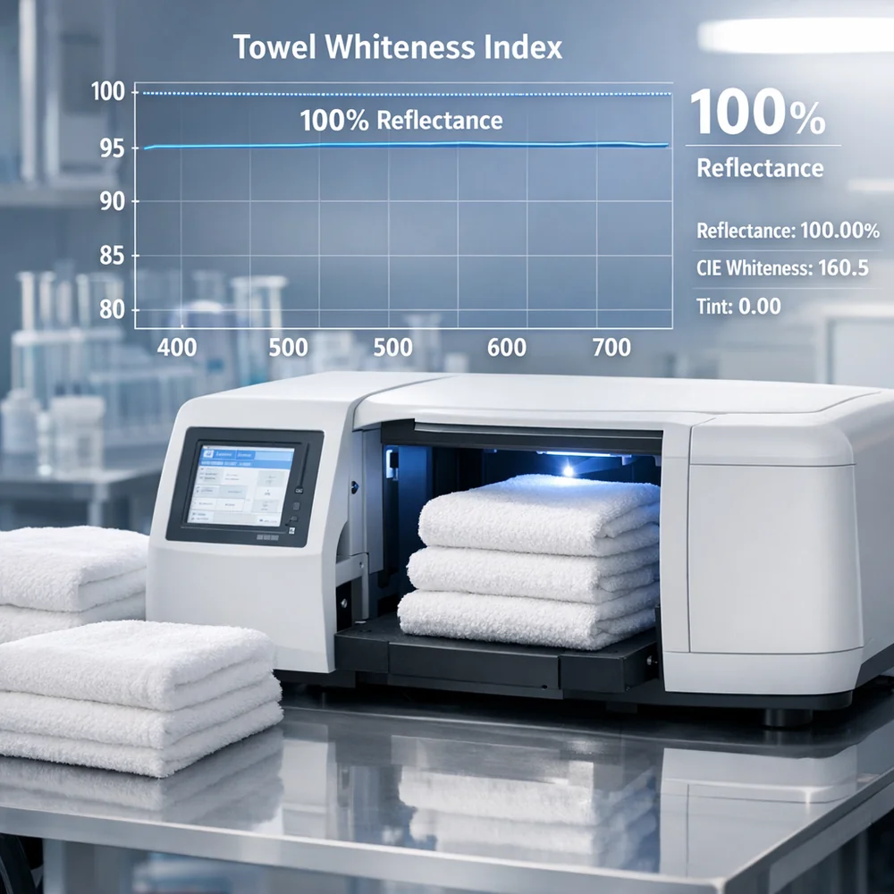 Laboratory photograph of 'Towel Whiteness Index' testing. shows a spectrophotometer analyzing three towel samples with data overlay showing 100% reflectance. High-tech medical aesthetic, professional lighting, 8k resolution.