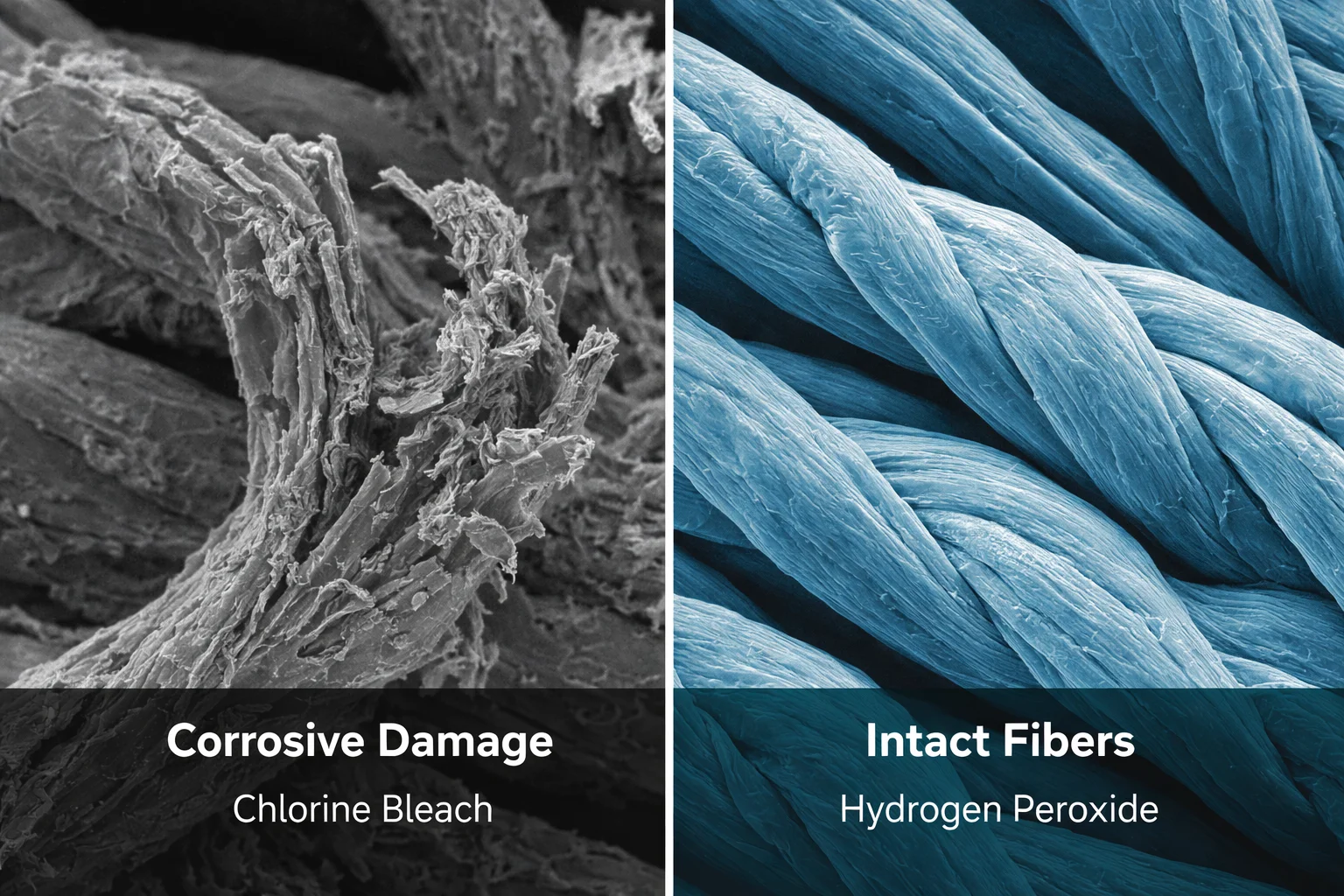 Comparison of Chlorine Bleach vs Hydrogen Peroxide damage on fabric fibers. Microscopic view showing frayed fibers from chlorine vs intact fibers from peroxide.