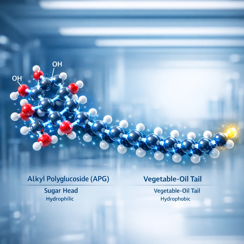 Molecular representation of 'Alkyl Polyglucosides' (APG), a gentle plant-based surfactant. Shows the sugar-based head and vegetable-oil tail. High-tech scientific rendering, glowing bonds, clean lab aesthetic.