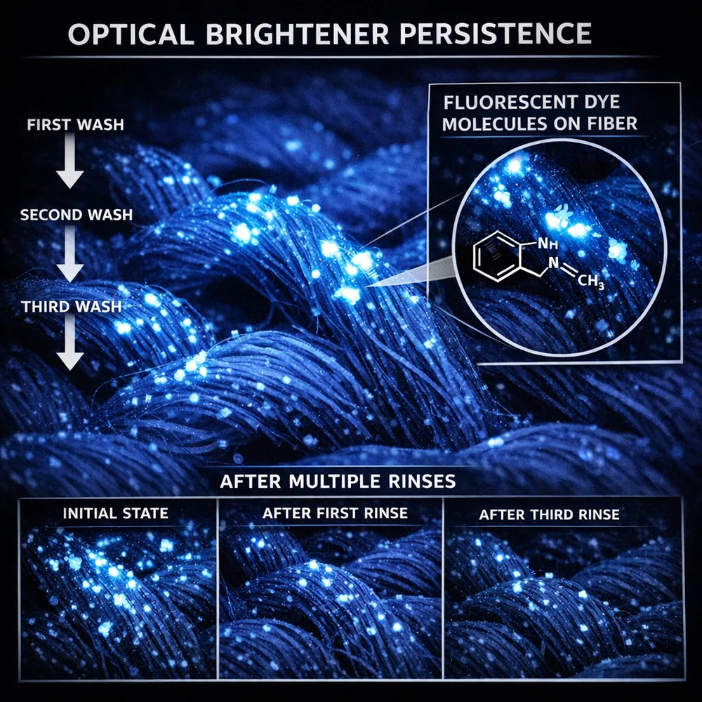 Technical diagram of 'Optical Brightener Persistence'. Shows fluorescent dye molecules remaining on fabric after multiple rinses. High-contrast scientific photography, UV-light effect, 4k.