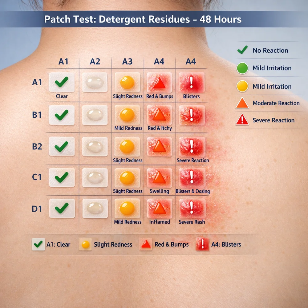 Diagnostic 'Patch Test' visualization. Illustrates the skin response to 48-hour exposure to different detergent residues. Clinical medical aesthetic, data overlay with irritation markers, 8k.