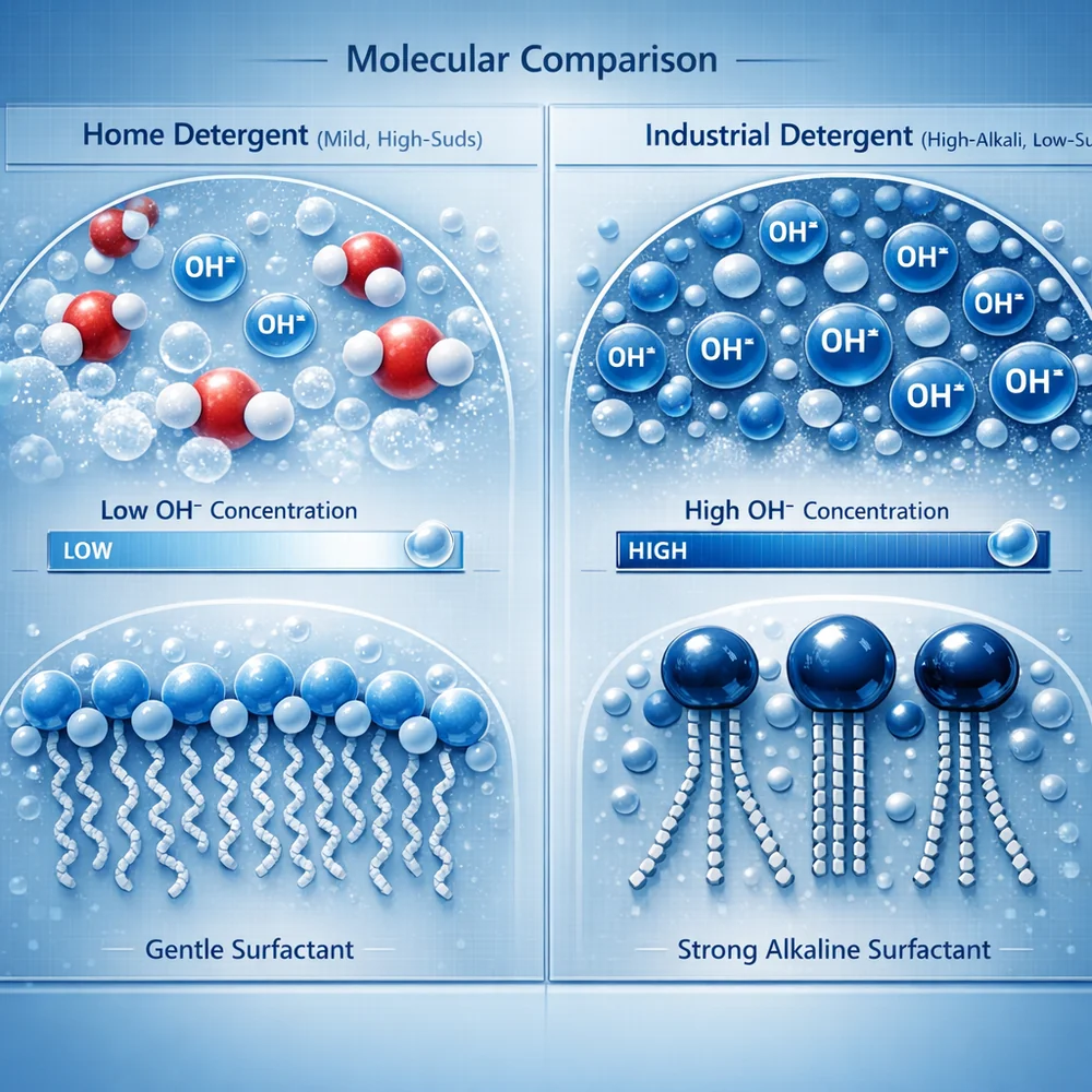 Side-by-side molecular comparison: Home detergent (mild, high-suds) vs Industrial detergent (high-alkali, low-suds). Shows the difference in hydroxyl ion concentration and surfactant structure. High-tech scientific rendering, clinical blue aesthetic, 8k.