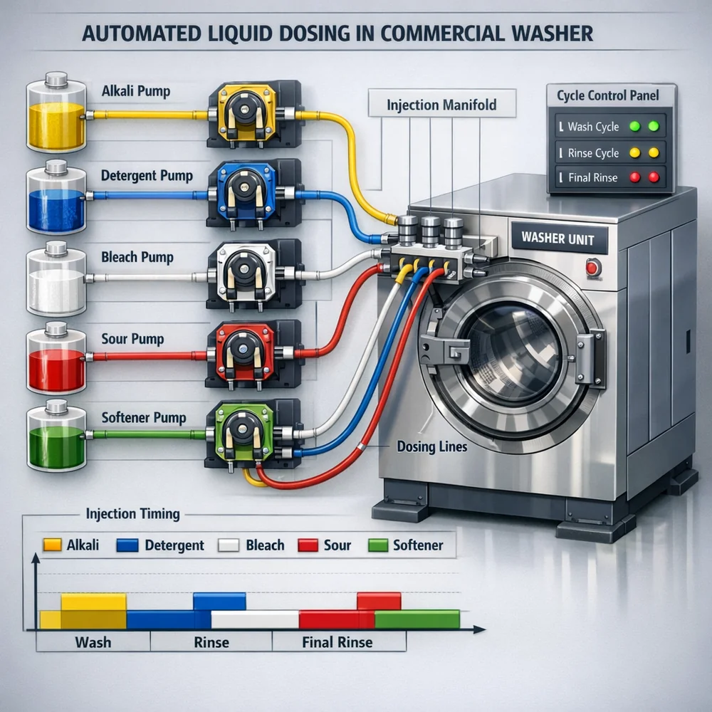 Technical diagram of 'Automated Liquid Dosing' in a commercial washer. Shows five pumps injecting different chemical components (Alkali, Detergent, Bleach, Sour, Softener) at specific cycle points. Engineering schematic, 3D industrial aesthetic.