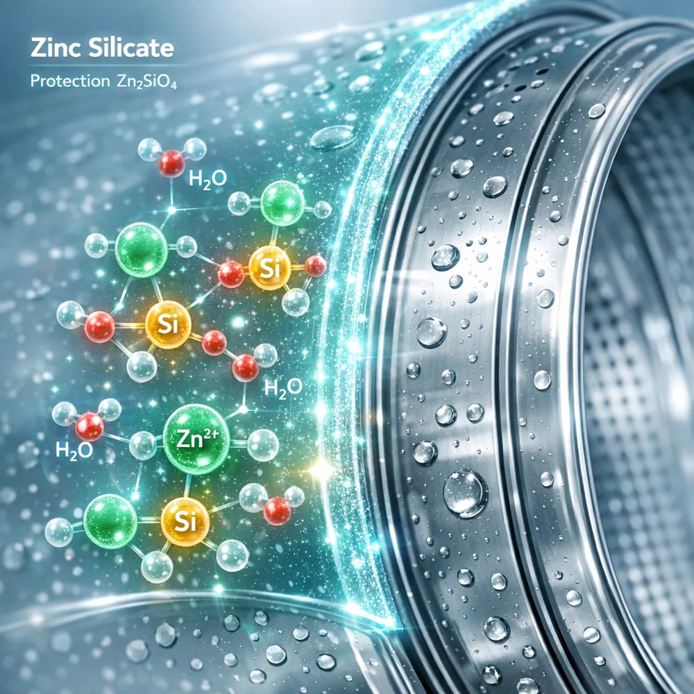 Molecular representation of 'Zinc Silicate' corrosion inhibitors protecting the stainless steel drum of an industrial washer. Shows a micro-thin shimmering layer. High-tech medical animation style, glowing chemical particles, clean lab aesthetic.