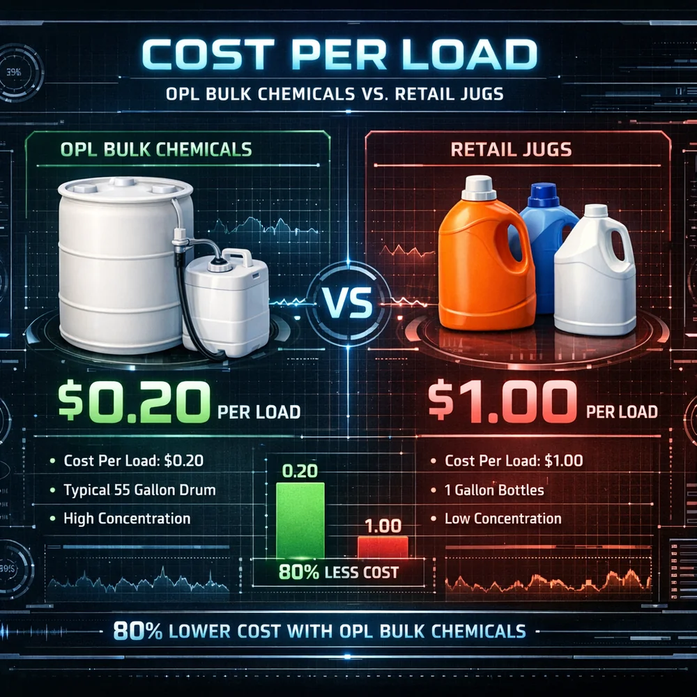 Visual infographic showing the 'Cost Per Load' difference between OPL (On-Premise Laundry) bulk chemicals and retail jugs. Data-driven aesthetic, high-tech interface overlay, professional 4k.