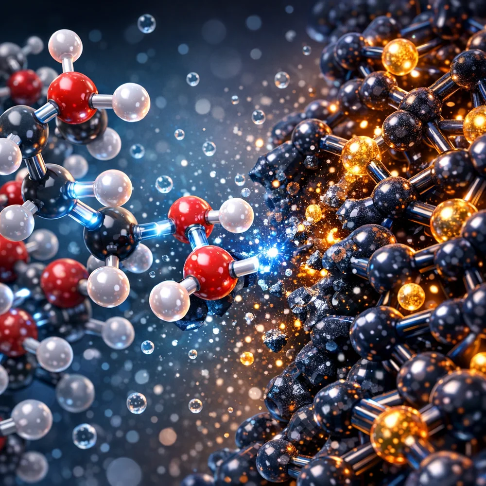 Molecular visualization of 'Solvent-Ink Interaction'. shows isopropyl alcohol molecules dissolving the resin matrix of ballpoint ink. High-tech scientific rendering, glowing chemical bonds, clean lab aesthetic, 8k.