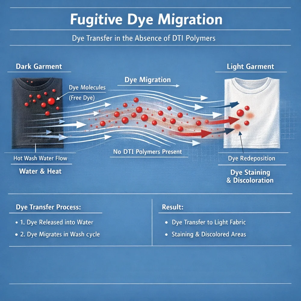 Technical diagram of 'Fugitive Dye migration'. illustrates how loose dye molecules from a dark garment redeposit onto a light garment in the absence of DTI polymers. Engineering schematic, fluid dynamics, clinical blue background.