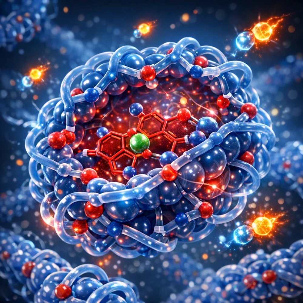 Molecular representation of 'PVP' (Dye Transfer Inhibitor) polymers encapsulating a dye molecule. shows the long-chain polymer wrapping around the pigment. High-tech medical animation style, glowing oxidative particles, 4k.