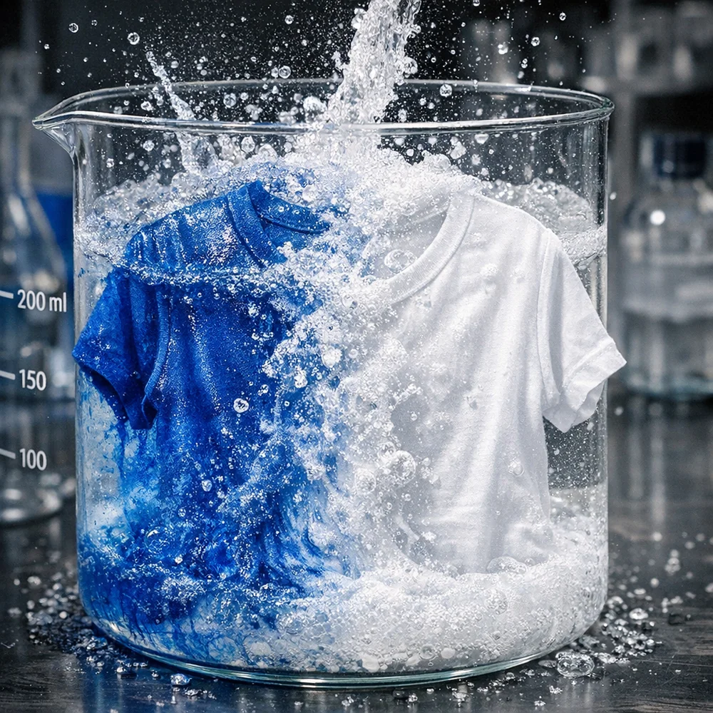 Laboratory photograph of 'Dye Stripping' rescue. shows a white garment being restored from a blue dye-run using oxygen bleach. High-speed scientific capture, sharp focus, professional lighting.