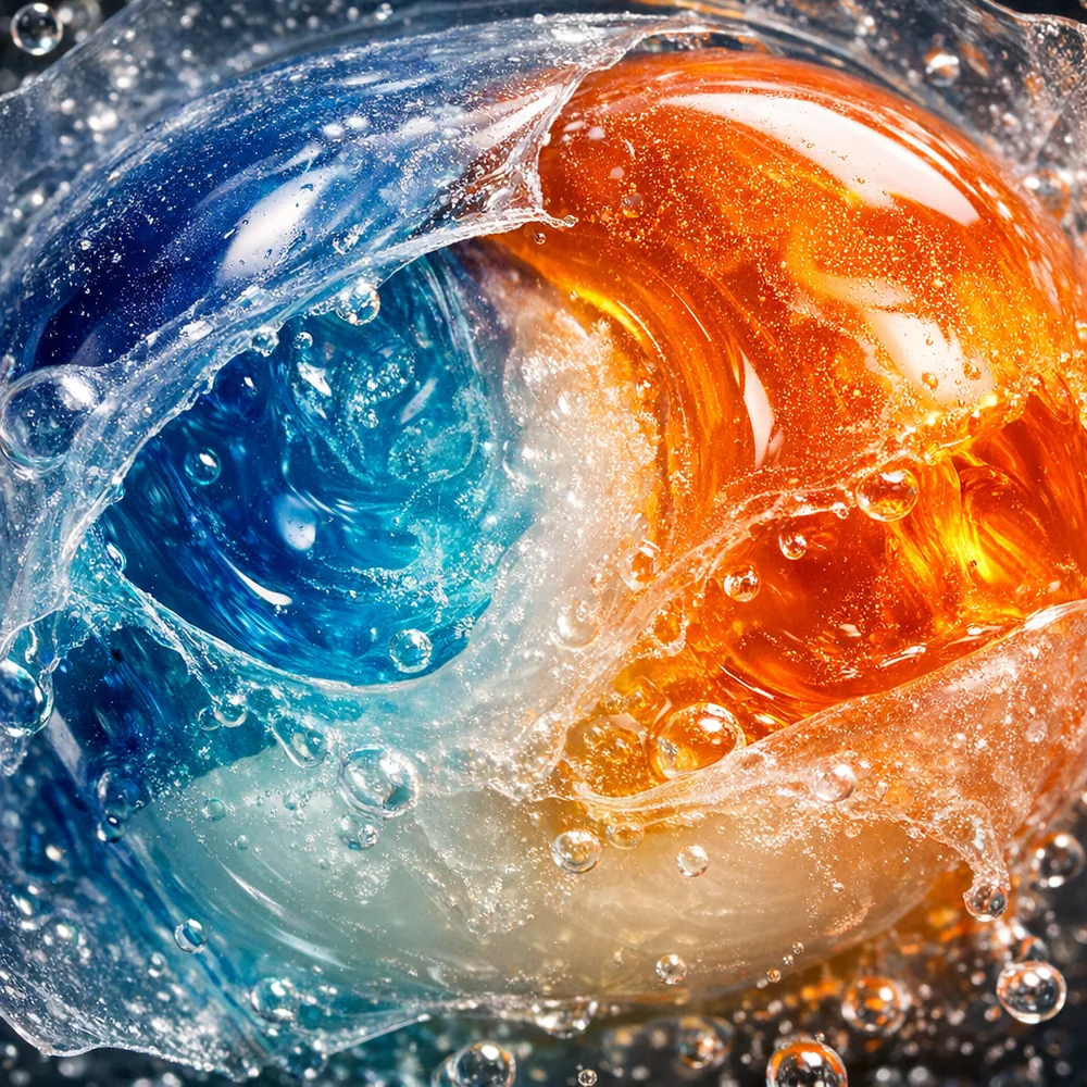 Extreme macro photography of a laundry pod halfway dissolved in water, showing the swirling concentrated liquid and thinning PVA film. Vibrant colors, technical lighting.