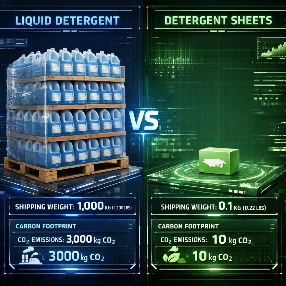 Side-by-side shipping weight visualization: a giant palette of liquid detergent vs a small box of sheets. Carbon footprint data overlay, high-tech interface.