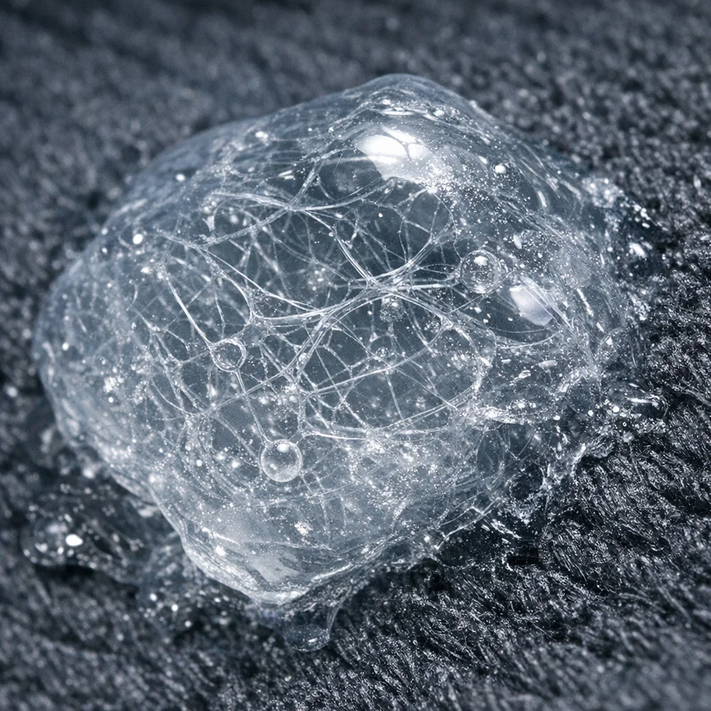 Macro shot of a undissolved glob of PVA film stuck to dark fabric. Microscopic zoom showing the polymer structure. Scientific diagnostic aesthetic, clinical lighting.