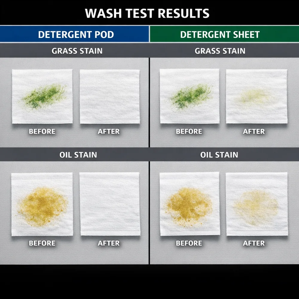 Split-screen wash test results: pod vs sheet performance on grass and oil stains. Standardized diagnostic monitors, technical photography, 8k.
