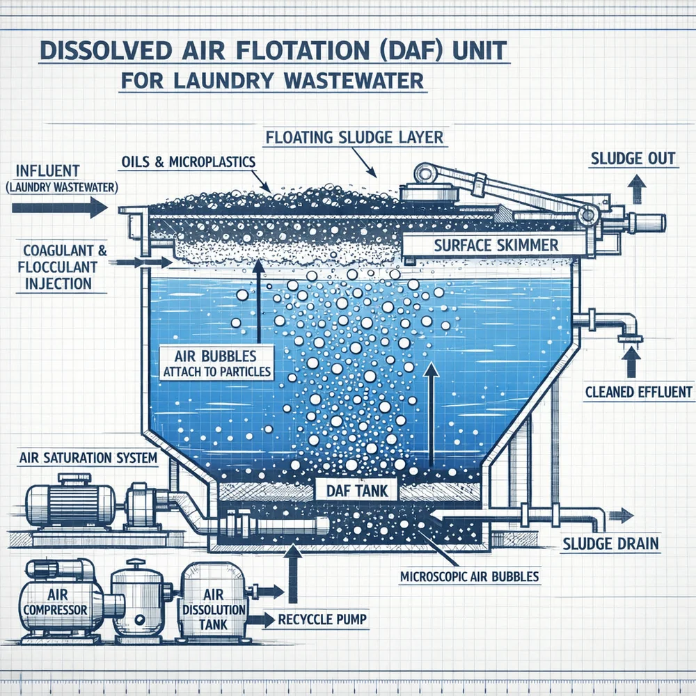 Technical diagram of a 'Dissolved Air Flotation' (DAF) unit for laundry wastewater. shows microscopic air bubbles lifting oils and microplastics to the surface for removal. Engineering blueprint style, blue water indicators, industrial aesthetic.